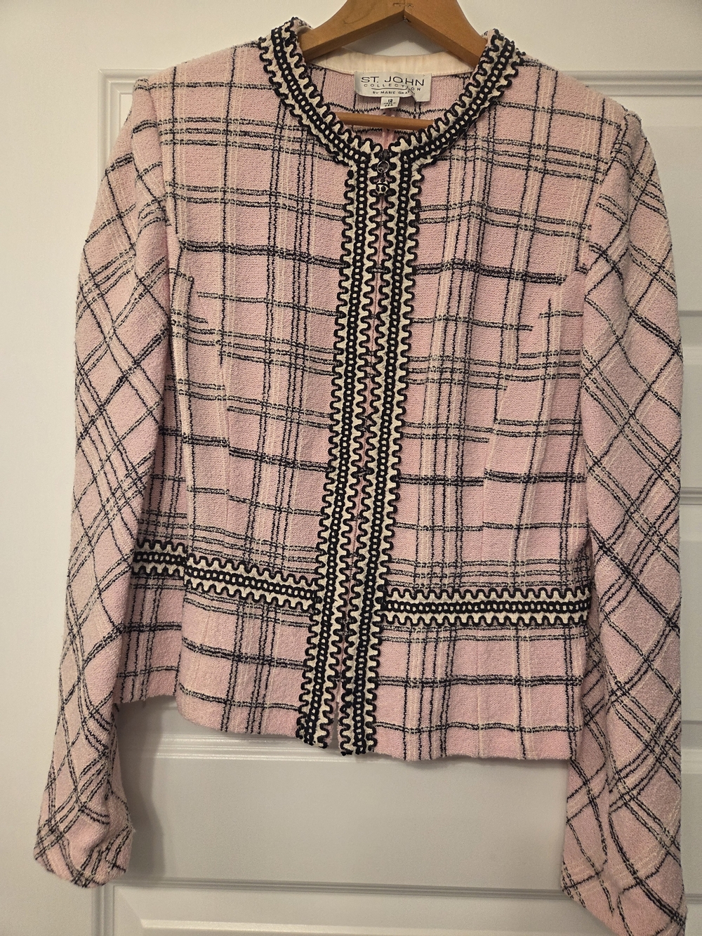 St. John Pink Tweed Plaid Collarless Jacket